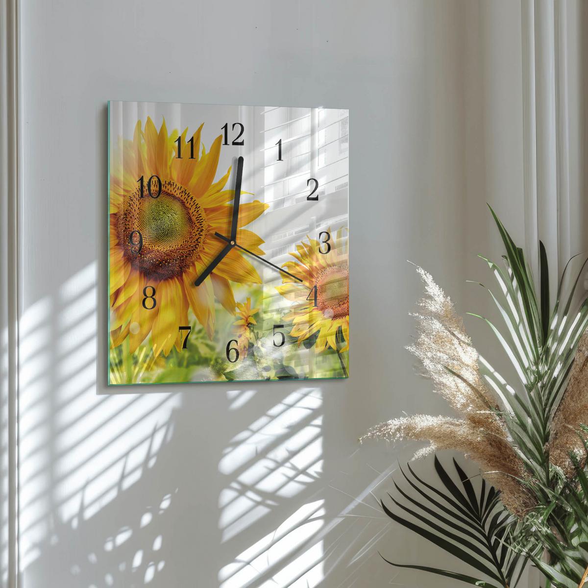 WANDUHR aus Glas 30x30 cm - Sonnenblume - Gelb, Glas (30/30/0.4cm) - TULUP