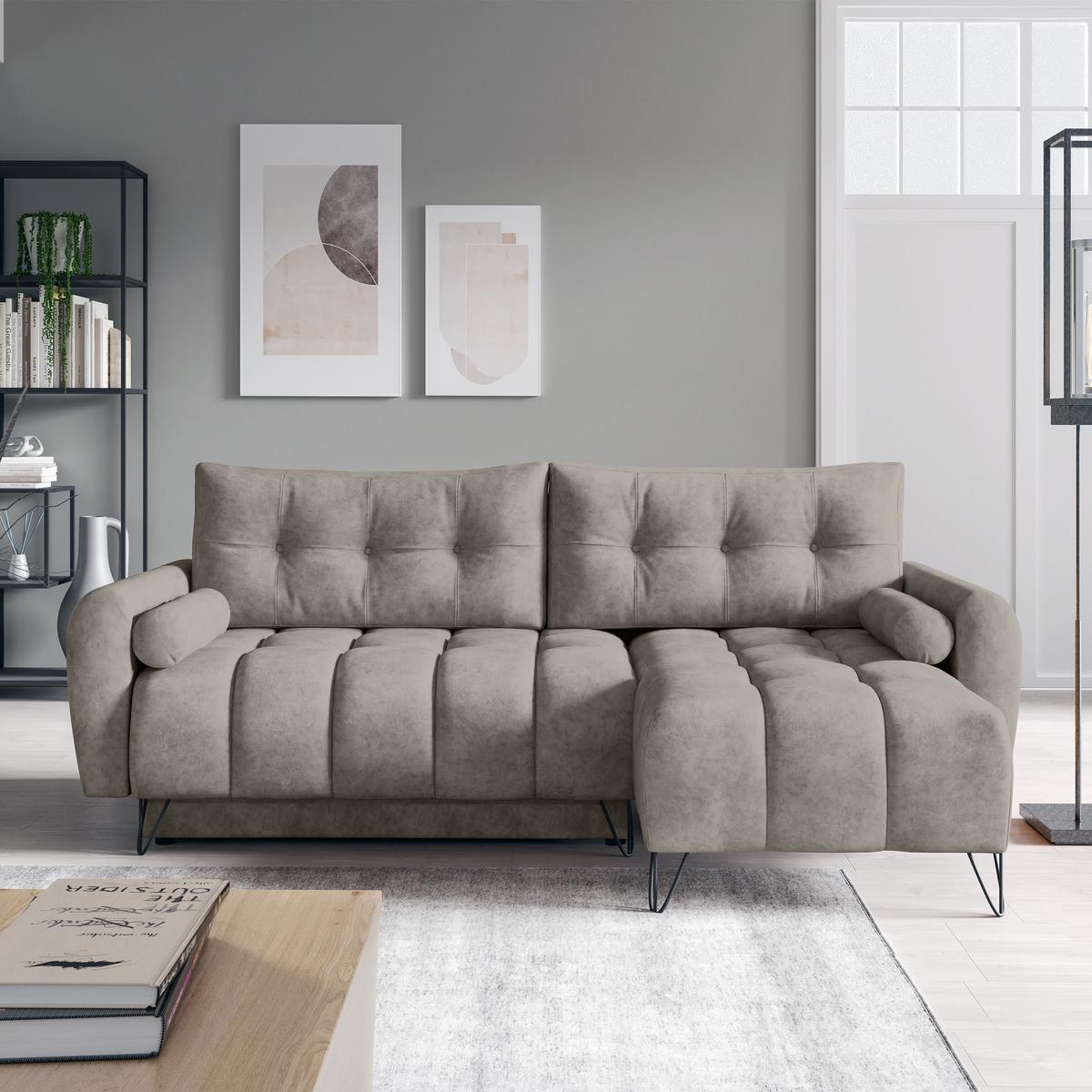 ECKSCHLAFSOFA Malaga Mini universeller Ottomane, Dunkelbeige - Beige/Schwarz, Textil (222/148cm) - Beautysofa