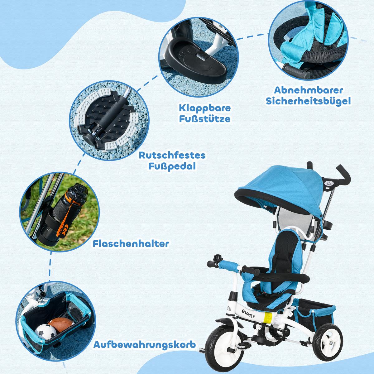 6-IN-1 Dreirad mit Schubstange, Kinderdreirad mit abnehmbarem Sonnendach Blau - Blau, Metall (95/50/106cm) - HOMCOM