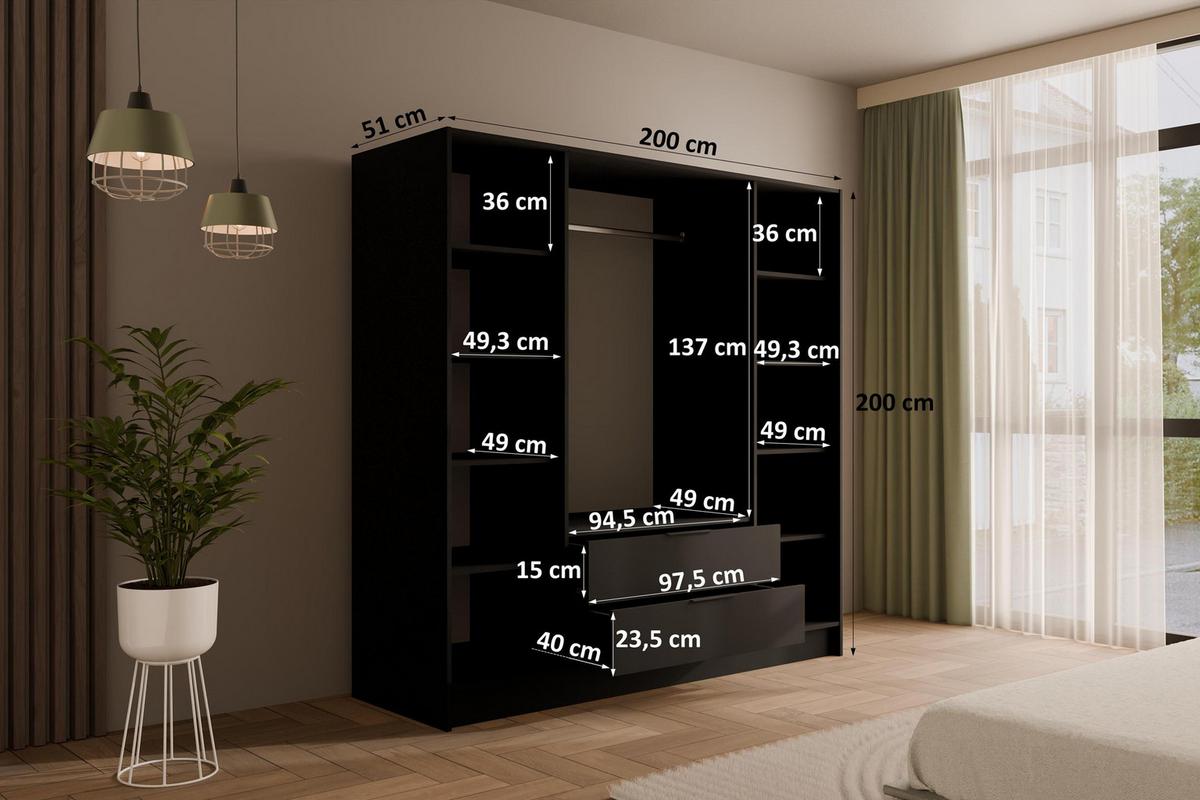 KLEIDERSCHRANK mit Spiegel und Flügeltüren KOLIN 200x200cm Schwarz - Schwarz, Holzwerkstoff (200/200/51cm) - ALTDECOR
