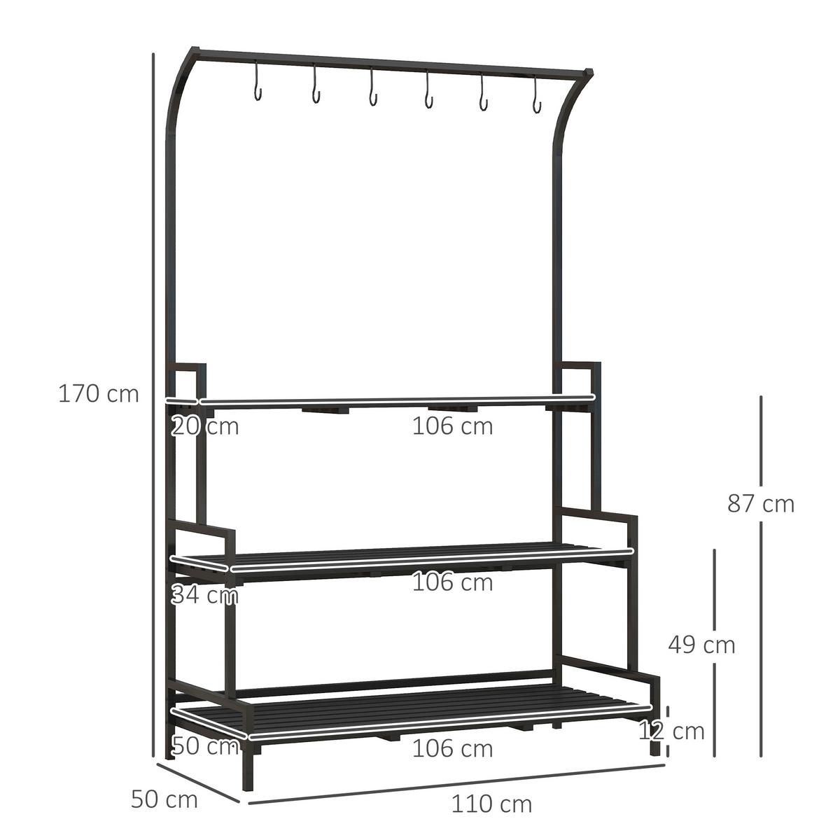 PFLANZENSTÄNDER, Pflanzentreppe, 3 Ebenen, mit 6 Haken, für Garten, Stahl, Schwarz - Schwarz, Metall (50/170/110cm) - Outsunny