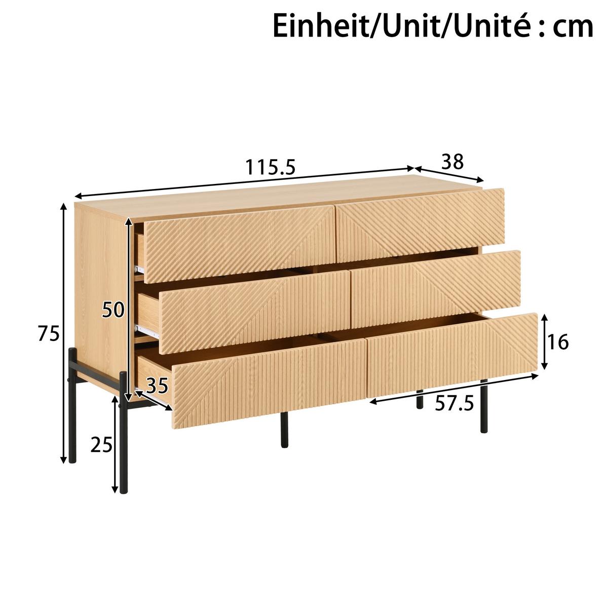 SIDEBOARD natur 3D struktur 6 schubladen 115cm - Naturfarben, Holzwerkstoff (115.5/75/38cm) - Urban Meuble