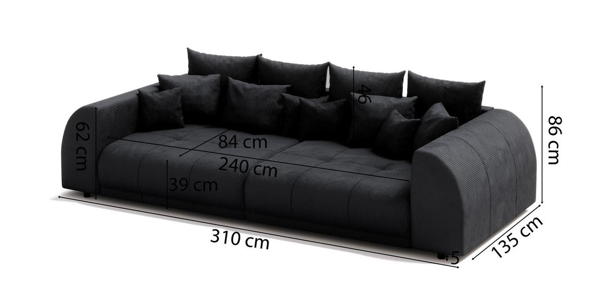 BIGSOFA Levana 5 Sitzer Schwarz Cord-Stoff - Schwarz, Holz/Kunststoff (310/86/135cm) - S-Style Möbel