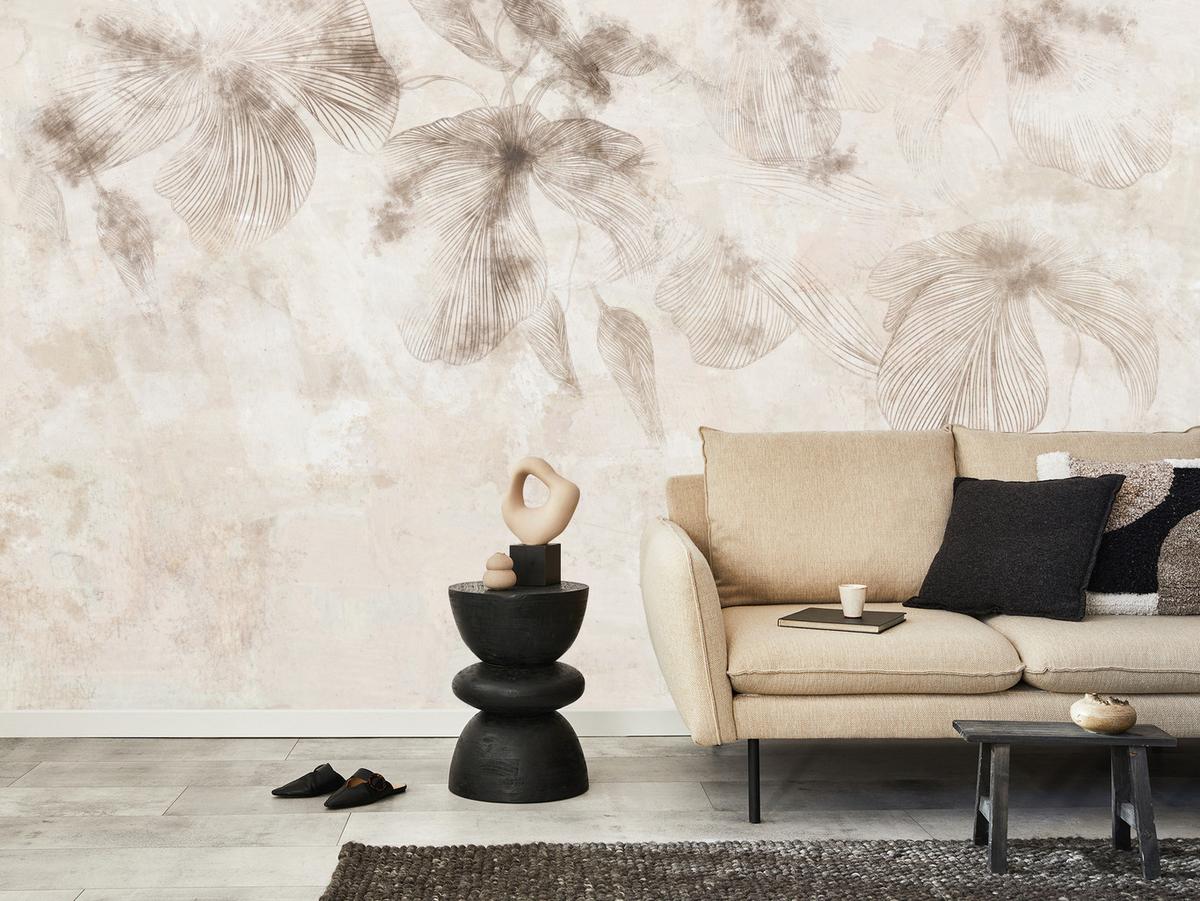 FOTOTAPETE für Wohnzimmer Boho Blumen auf Beton Natur Vintage 450x315 - Beige/Braun, Papier (450/315cm) - Muralo