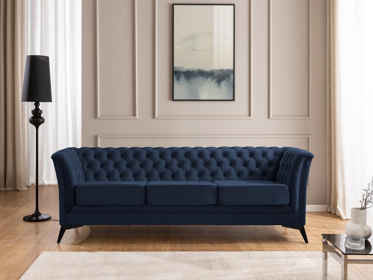 SITZGARNITUR 3+2+1 Chesterfield Whitby Marineblau Samt mit schwarzen Füßen - Blau/Schwarz, Holz/Textil (237/78/82cm) - S-Style Möbel