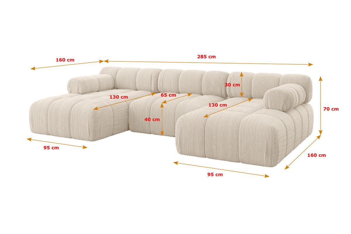 WOHNLANDSCHAFT modulares Sofa Tesso-U1 - 285x160x70 cm Beige Cord - Beige, Holzwerkstoff/Textil (285/70/160cm) - ALTDECOR