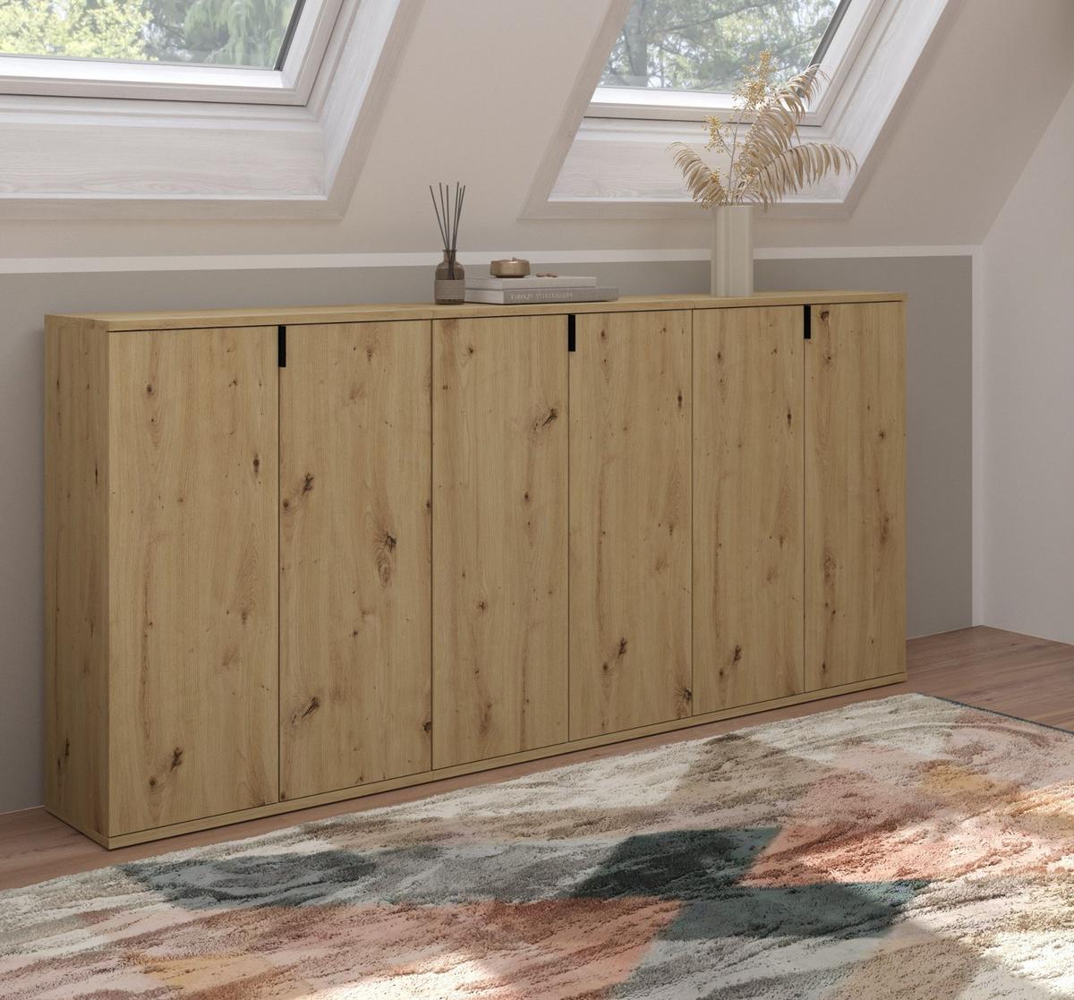SIDEBOARD Eiche Artisan 183 cm, Kommode mit viel Stauraum - Schwarz/Eiche Artisan, Holzwerkstoff/Metall (183/99/34cm) - Inn.Furn