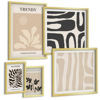 BILDER SET 5er Set - 50x50 cm & 20x30 cm & 40x60 cm Goldrahmen - Stilvolle Pflanzenmuster in Beige und Schwarz - Goldfarben, Kunststoff (40/60cm) - TULUP