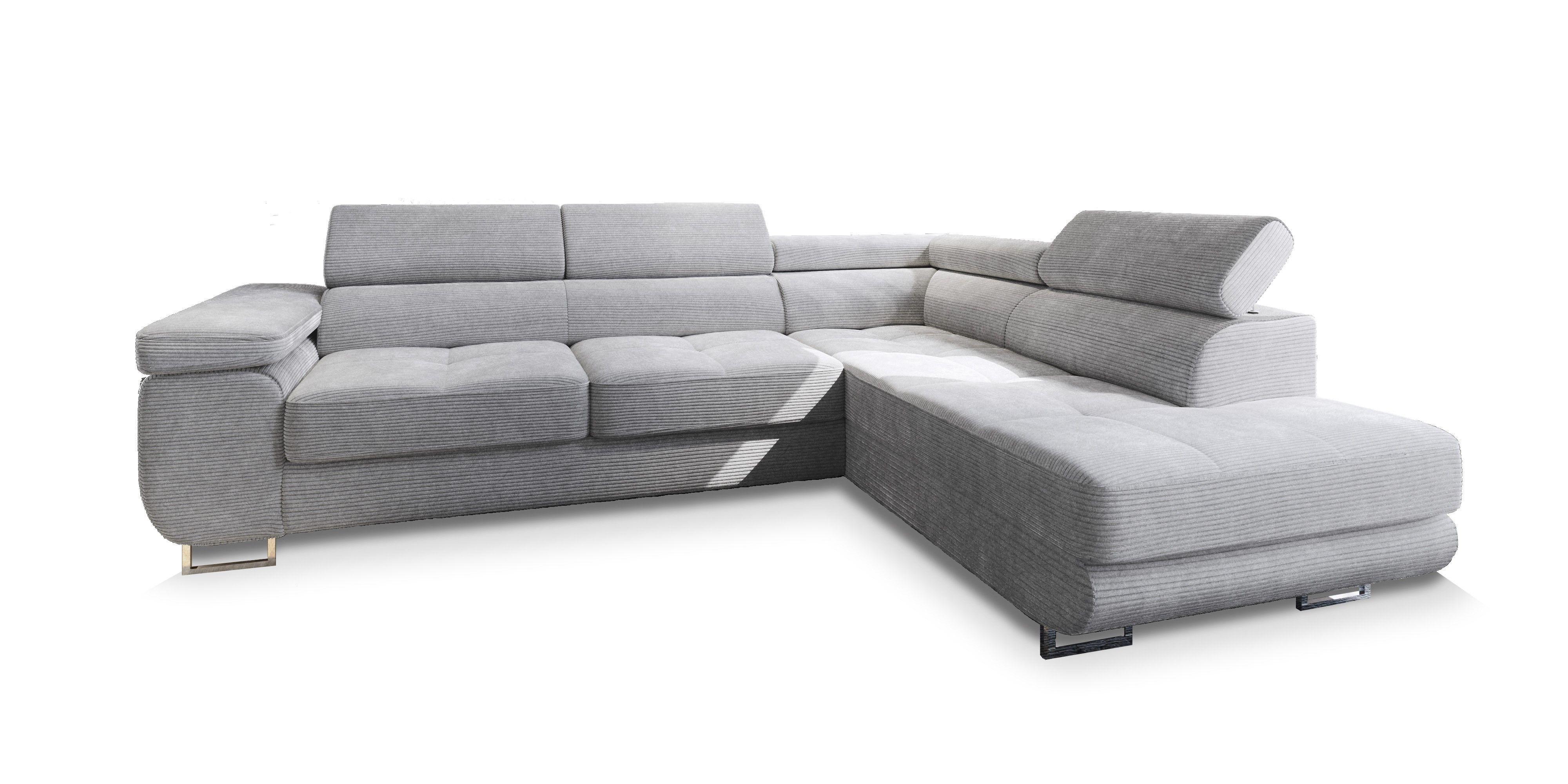 ECKSOFA APIRO R-S Hellgrau Kordstoff mit Schlaffunktion - Silberfarben/Hellgrau, Holz/Textil (276/202cm) - MASSENO