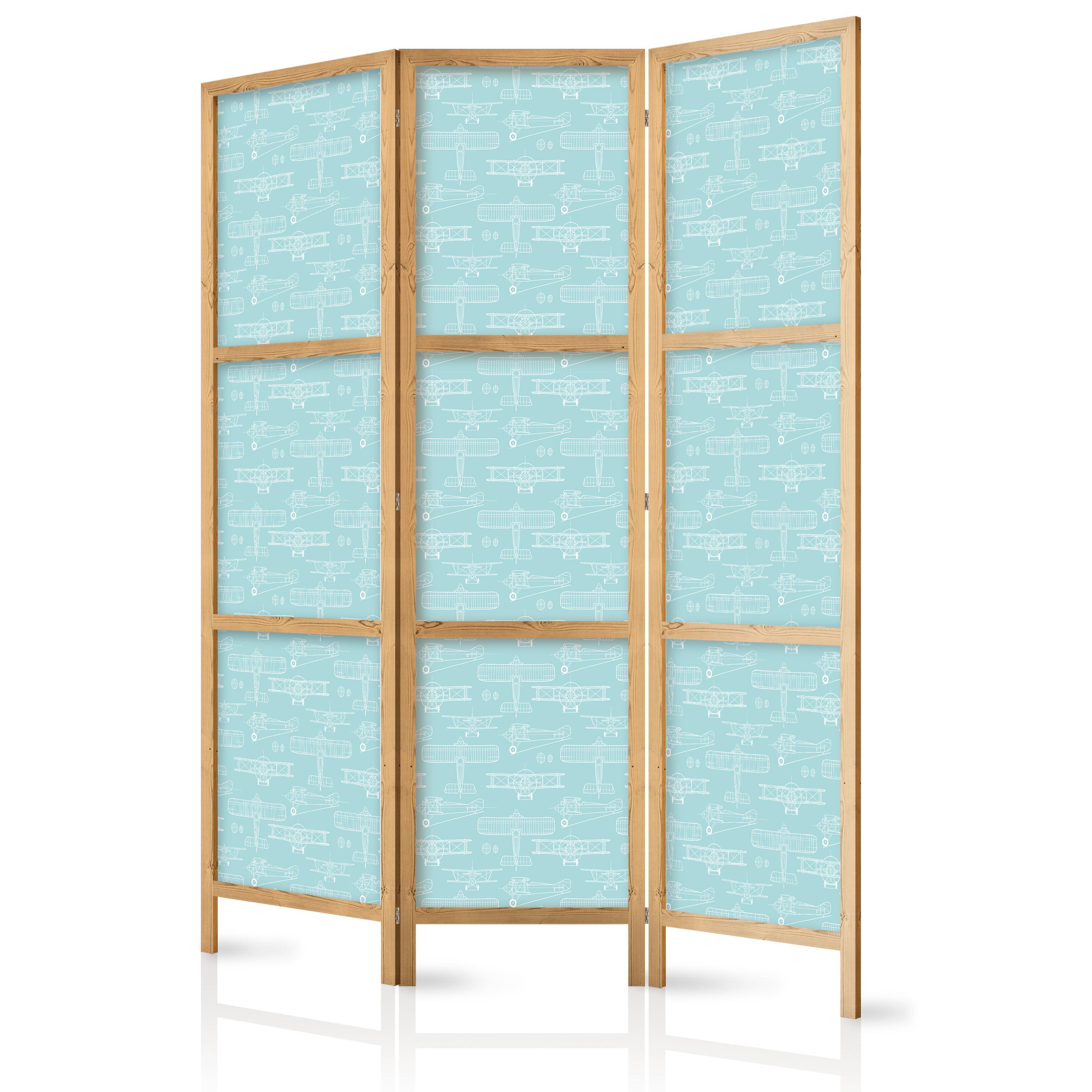 PARAVENT Japanischer 3-tlg 135x172 cm Flugzeuge - Blau, Holz/Textil (135/172/3cm) - Muralo
