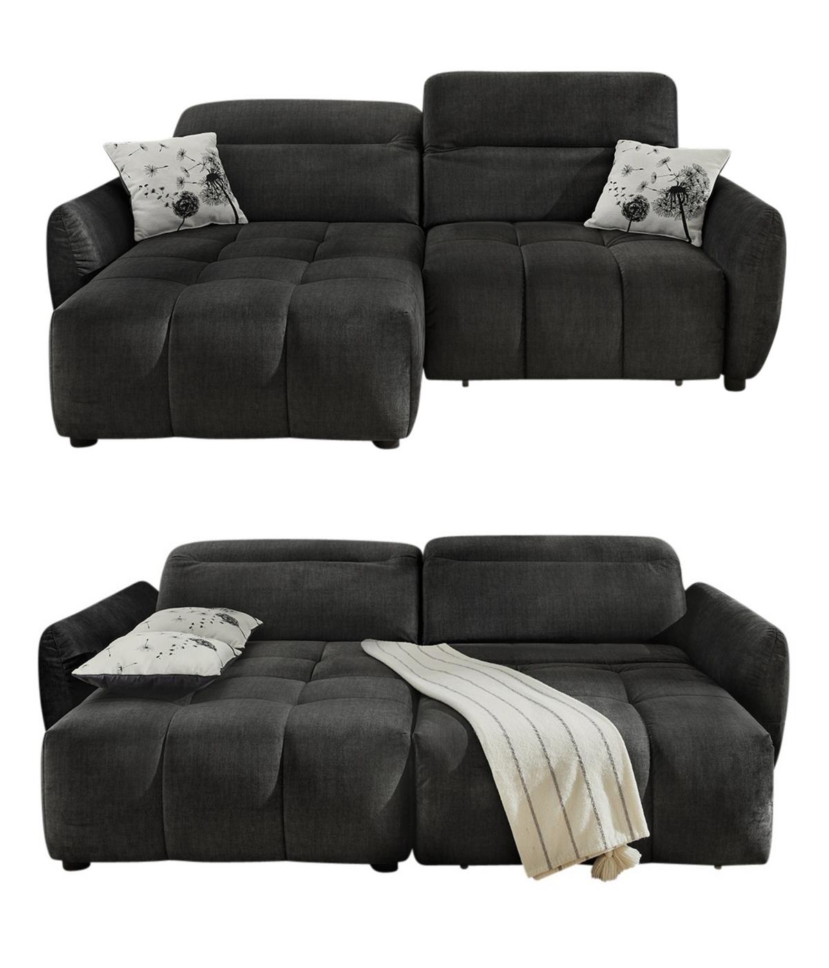 ECKSOFA mit elektrischer Sitztiefenverstellung, Kopflehnen verstellbar, USB-C und -A Ladefunktion B260/T191/H106 cm, Velours Anthrazit Schwarz / 15406 - Multicolor/Schwarz, Kunststoff/Textil (260/191cm) - luma-home