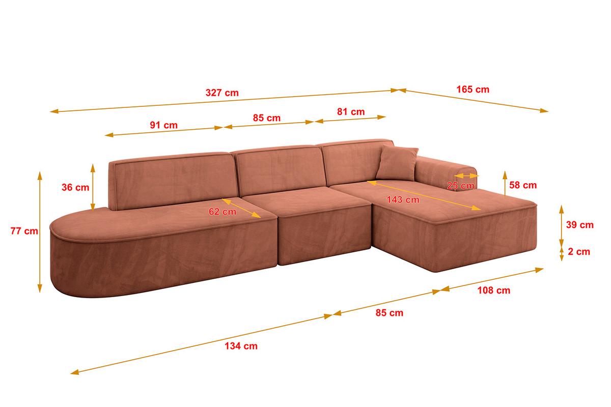 ECKSOFA Ottomane Rechts IREA-L2-v3 - 327x165x77 cm Apricot - Koralle, Holzwerkstoff/Textil (327/165cm) - ALTDECOR