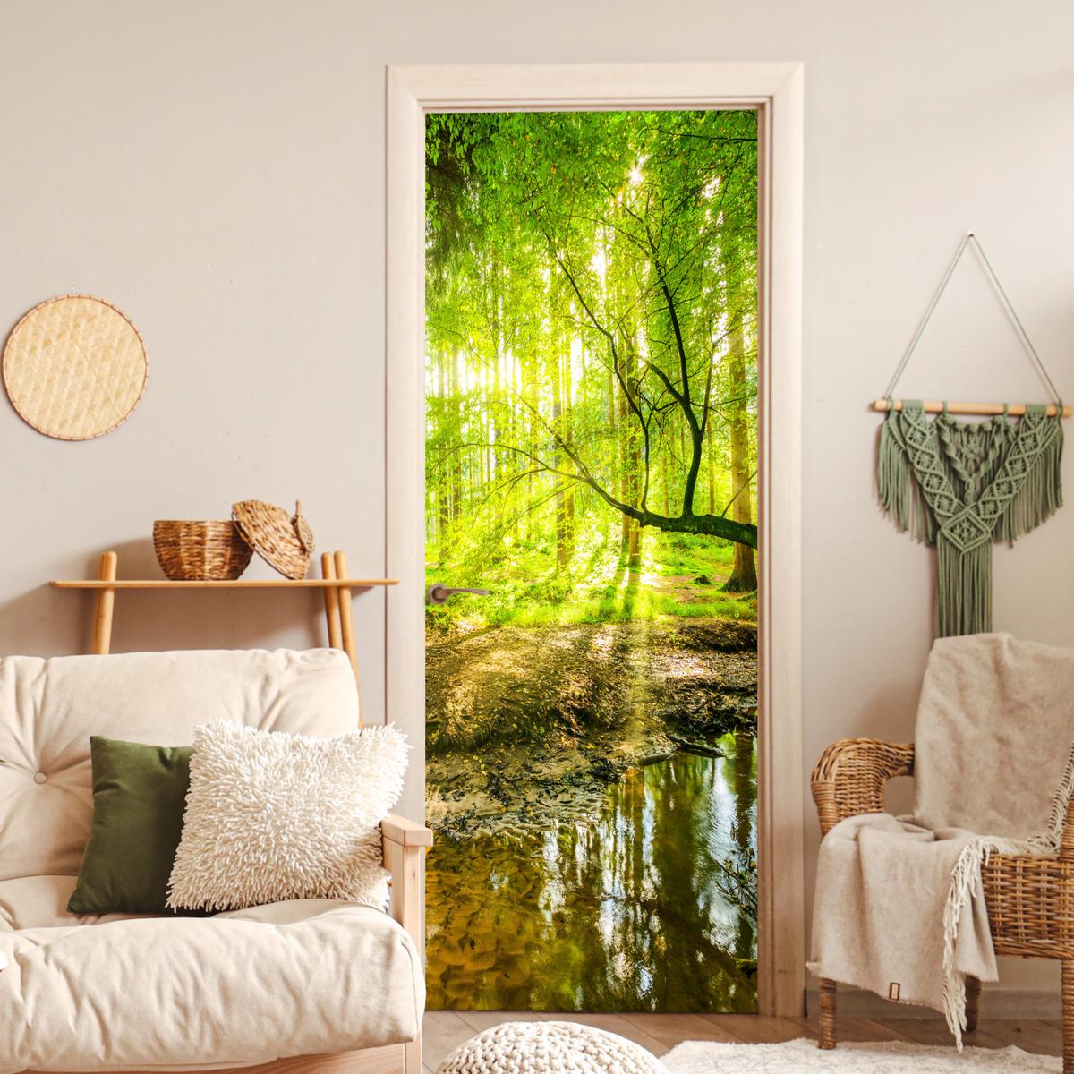 TÜRAUFKLEBER Wald - Landschaft - Wasser - Bäume - Sonne - Grün - Natur 90x235 cm - Türtapete - Hellgrün, Kunststoff (90/0.1cm) - MuchoWow