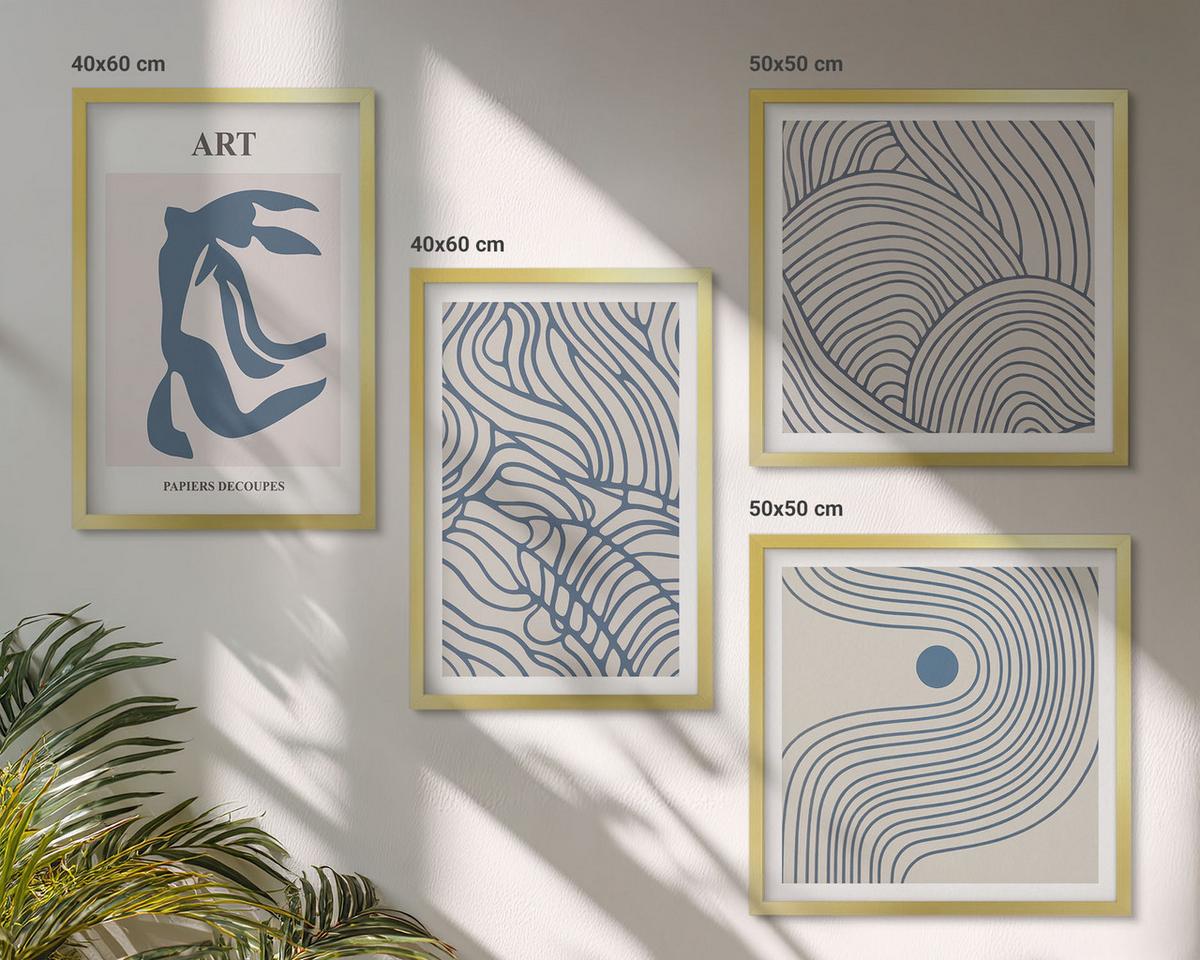BILDER SET 4er Set - 50x50 cm & 40x60 cm Goldrahmen - Abstrakte blaue Linien - Goldfarben, Kunststoff (50/50cm) - TULUP