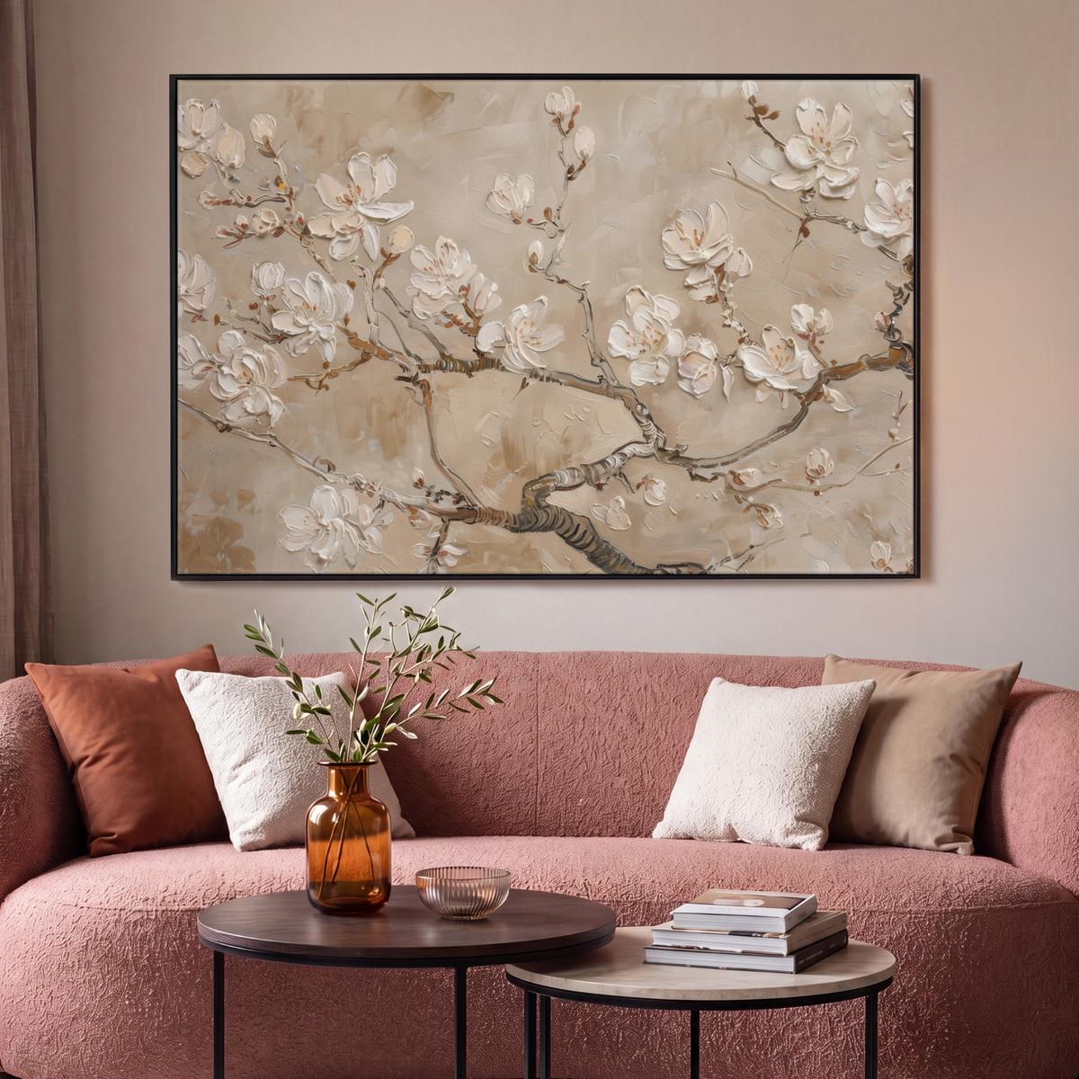 LEINWAND Bilder mit Rahmen - Blumen - Modern - Beige - Weiß - Blüte - 140x90 - Beige, Textil (140/90cm) - MuchoWow