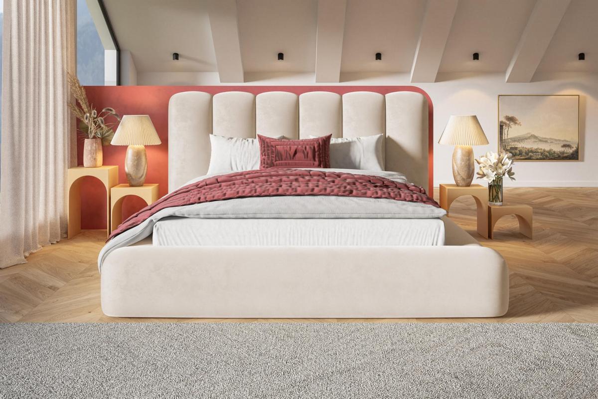 BETT 160x200 - Polsterbett mit Bettkasten und Metallrahmen - Modern Bett - Eleganter Amor-Velvet-Stoff - Kollektion Alva Maxi - Beige - Beige, Holz/Textil (160/200cm) - Alpi-Möbel