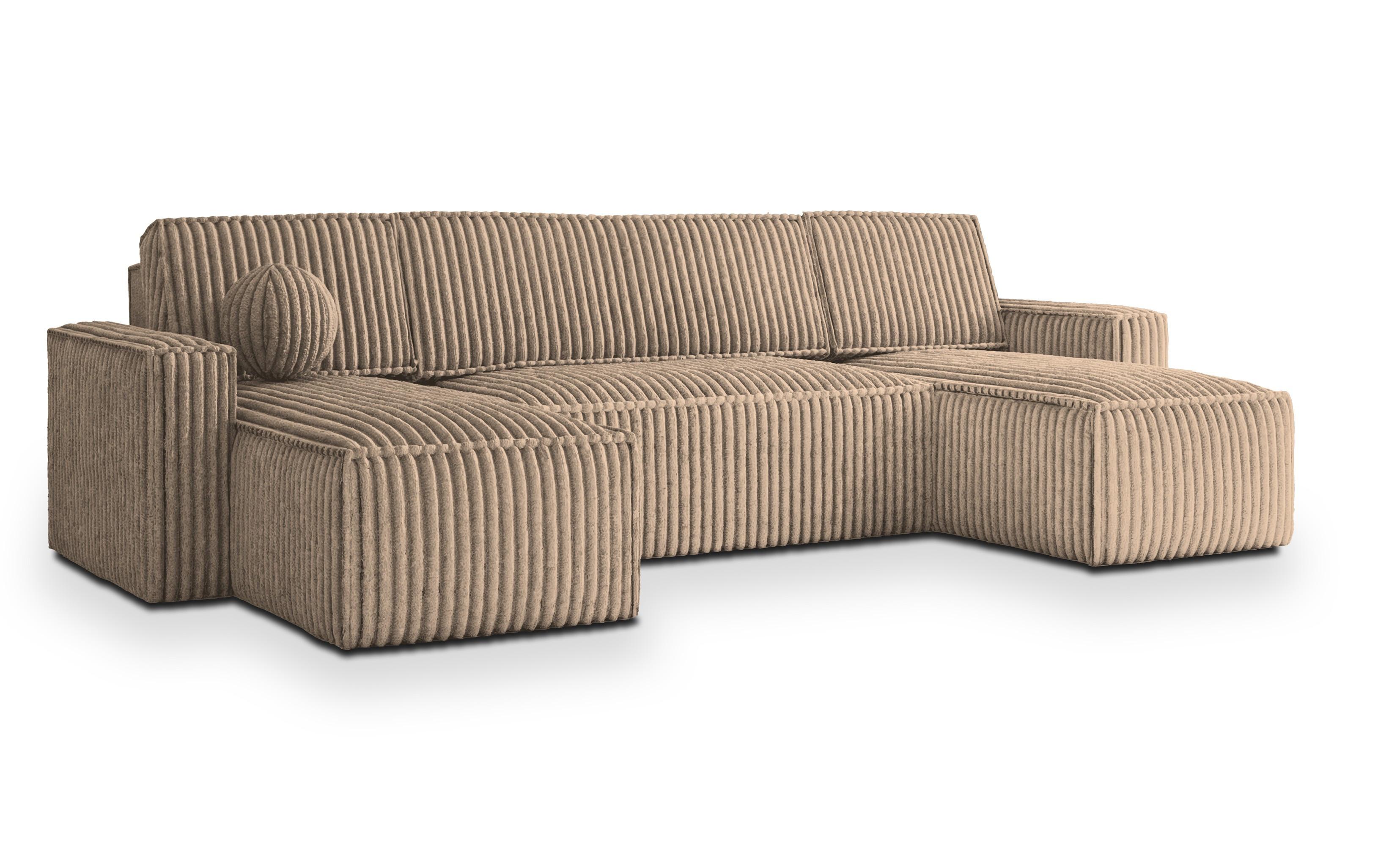 WOHNLANDSCHAFT PESANO T Beige Kordstoff mit Schlaffunktion - Beige/Grau, Holz/Kunststoff (306/85/140cm) - MASSENO