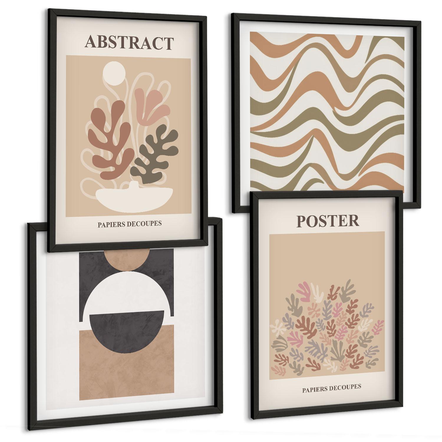 BILDER SET 4er Set - 50x50 cm & 40x60 cm Schwarzer Rahmen - Abstrakte Formenmuster - Schwarz, Kunststoff (50/50cm) - TULUP