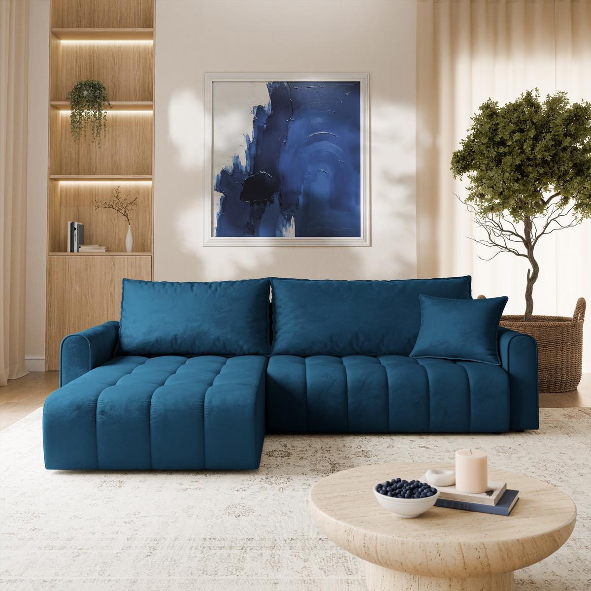 ECKSOFA FRIGA Blau Velours-Stoff mit Schlaffunktion - Blau, Holz (283/185cm) - MASSENO