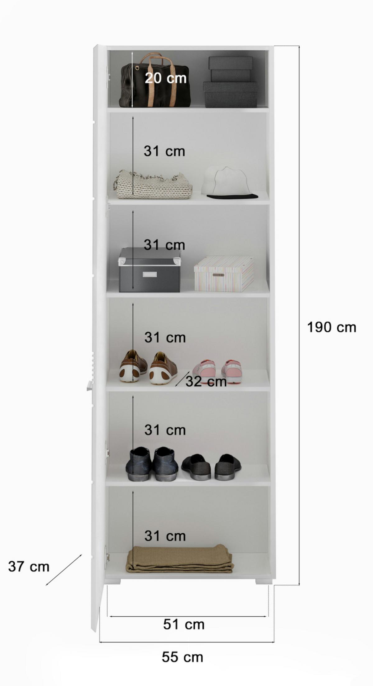 SCHUHSCHRANK weiß Hochglanz 55 cm, Garderobenschrank mit 6 Fächern - Weiß Hochglanz/Silberfarben, Holzwerkstoff/Kunststoff (55/190/37cm) - Inn.Furn