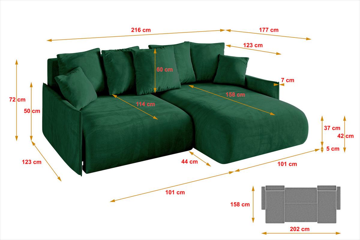 ECKSOFA Ottomane rechts ONESK-L-v1 216x177x72 Grün Velours - Grün, Holzwerkstoff/Kunststoff (177/216cm) - ALTDECOR