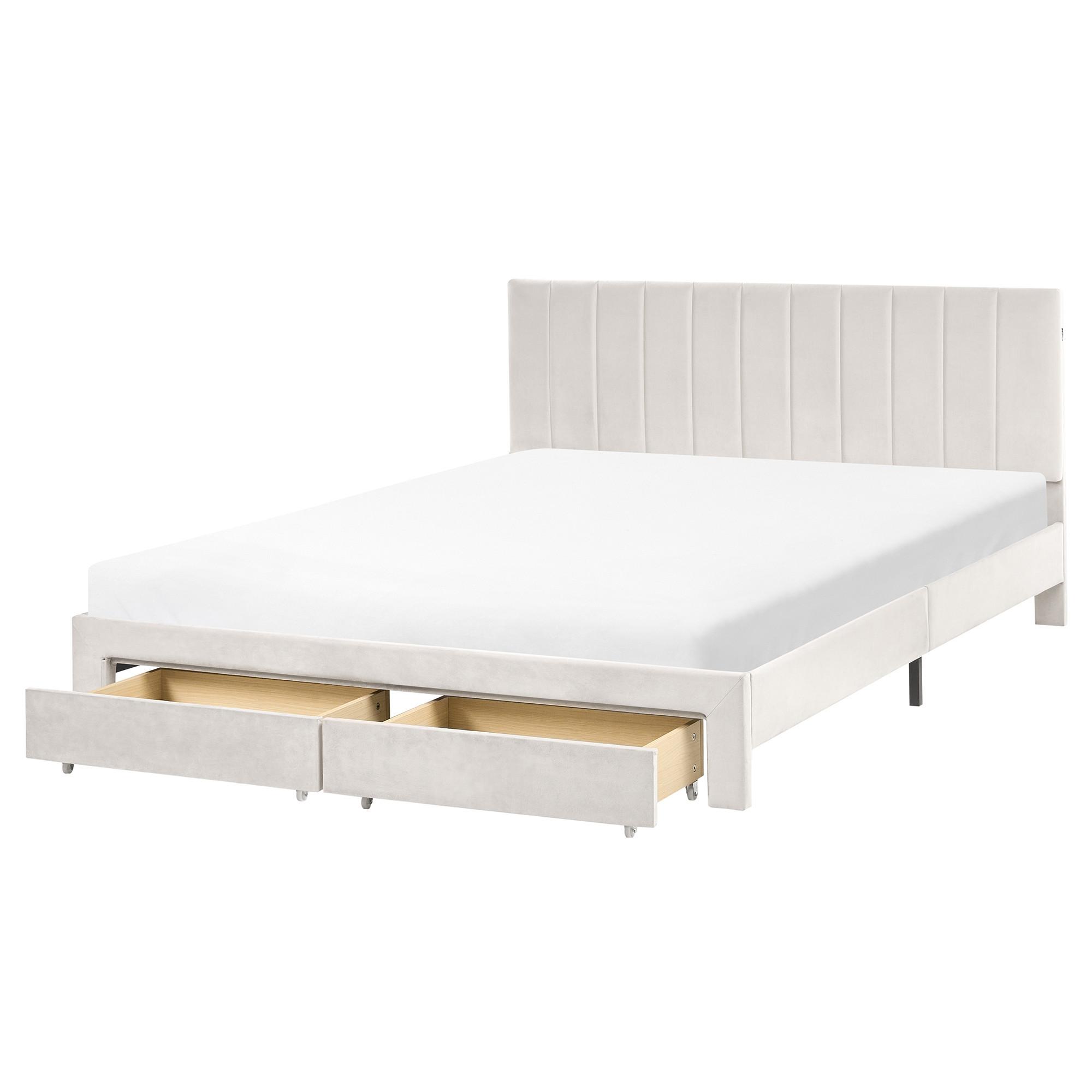 BETT mit Schubladen 160/200 cm Samtstoff Cremeweiß Lonzac - Creme, Textil (160/200cm) - Beliani
