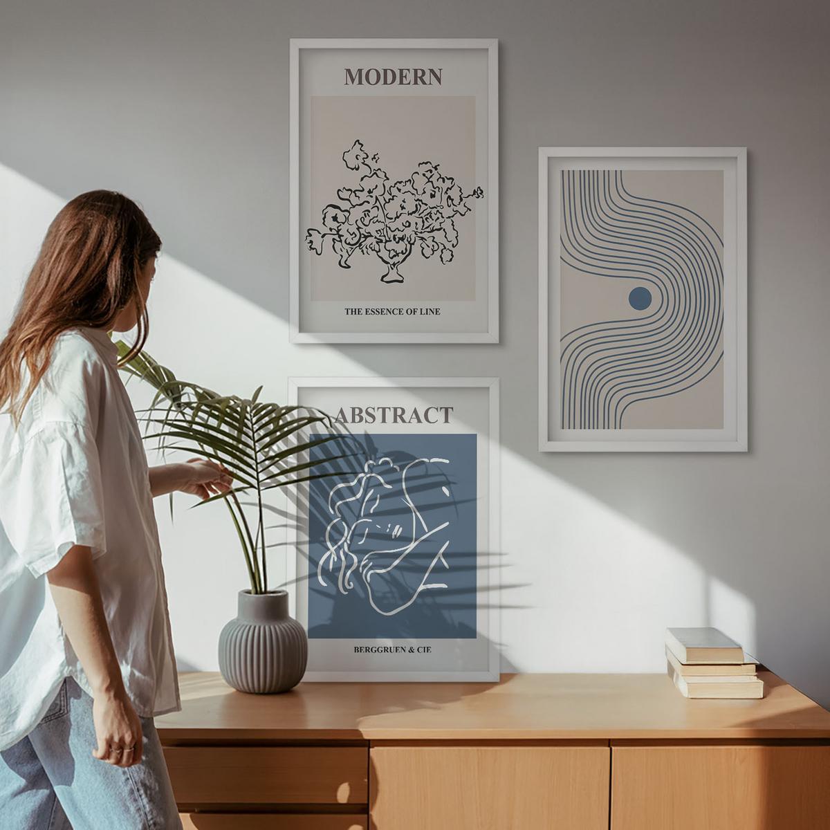 BILDER SET 3er Set - 40x60 cm Weißer Rahmen - abstrakte Poster mit Blumenlinien - Weiß, Kunststoff (40/60cm) - TULUP