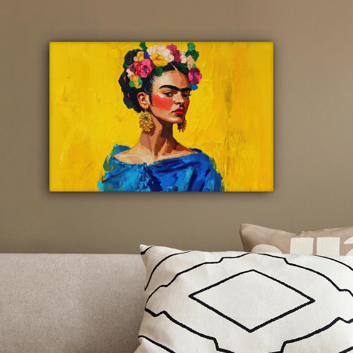LEINWANDBILD Frida Kahlo - Frau - Gelb - Blau - Blumen Deko Schlafzimmer 30x20 cm - Gelb, Textil (30/20cm) - MuchoWow