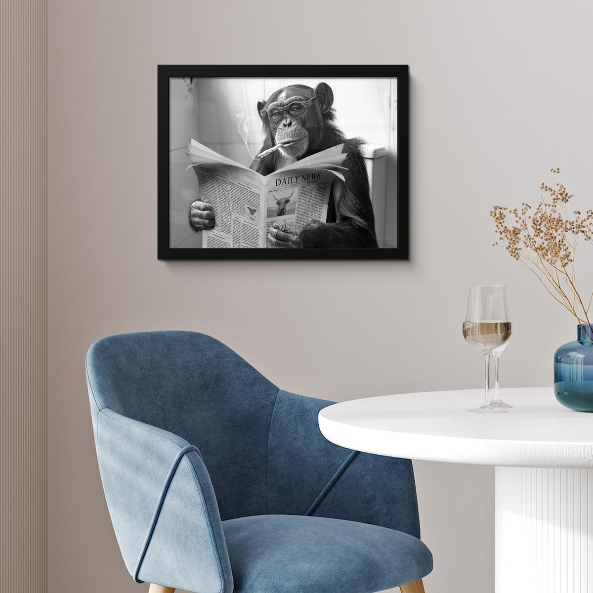 POSTER MIT RAHMENGERAHMTES BILD Affe - WC - Zeitung - Schwarz-Weiß - Humor 40x30 cm - Hellgrau, Papier (40/30cm) - MuchoWow