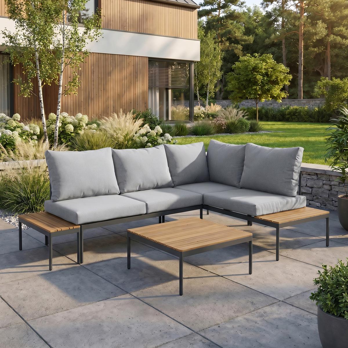 GARTENSET Livorno, modulare Bauweise , mit Ecksofa und Kaffeetisch, Metallrahmen, Hellgrau - Hellgrau, Metall - Beautysofa