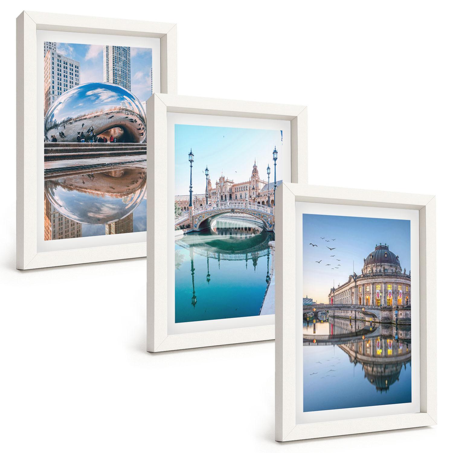 BILDER SET 3er Set - 20x30 cm Weißer Rahmen - Architektur von Städten am Wasser - Weiß, Kunststoff (20/30cm) - TULUP