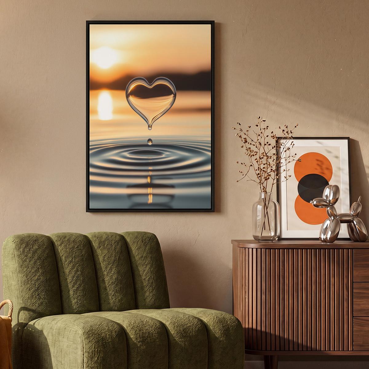 LEINWAND Bilder mit Rahmen - Herz - Wasser - Sonnenuntergang - Natur - Zen - 60x90 - Bernsteinfarben, Textil (60/90cm) - MuchoWow