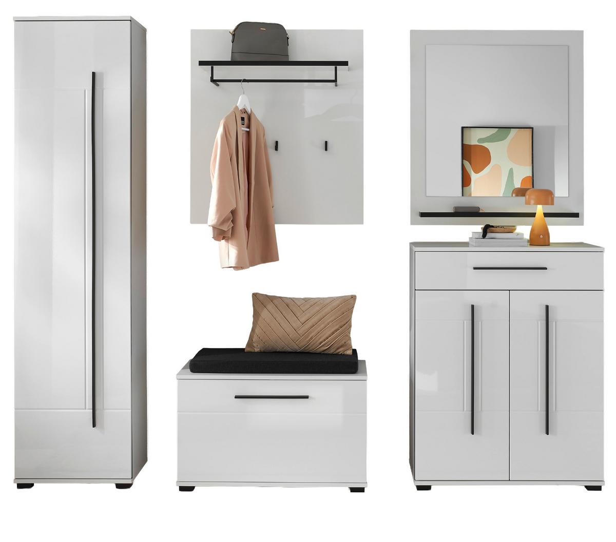 GARDEROBEN-SET weiß Hochglanz 6-teilig 230 cm, Flurgarderobe mit Soft-Close - Dunkelgrau/Weiß Hochglanz, Glas/Holzwerkstoff (230/200/40cm) - Furn.Design