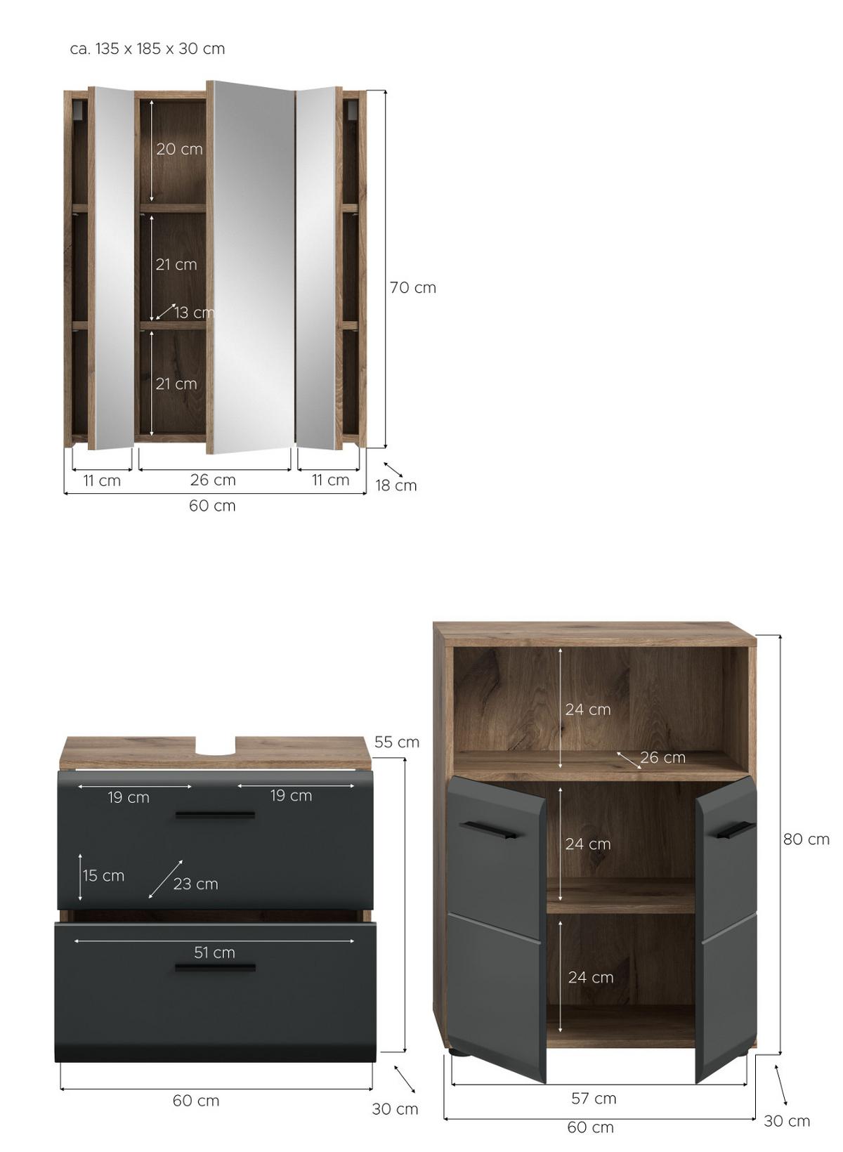 BADMÖBEL-SET 3-teilig schwarz matt, Eiche Nox, Badkombination mit Kommode, 135 x 185 cm - Eichefarben/Schwarz, Glas/Holzwerkstoff (135/185/30cm) - Inn.Furn