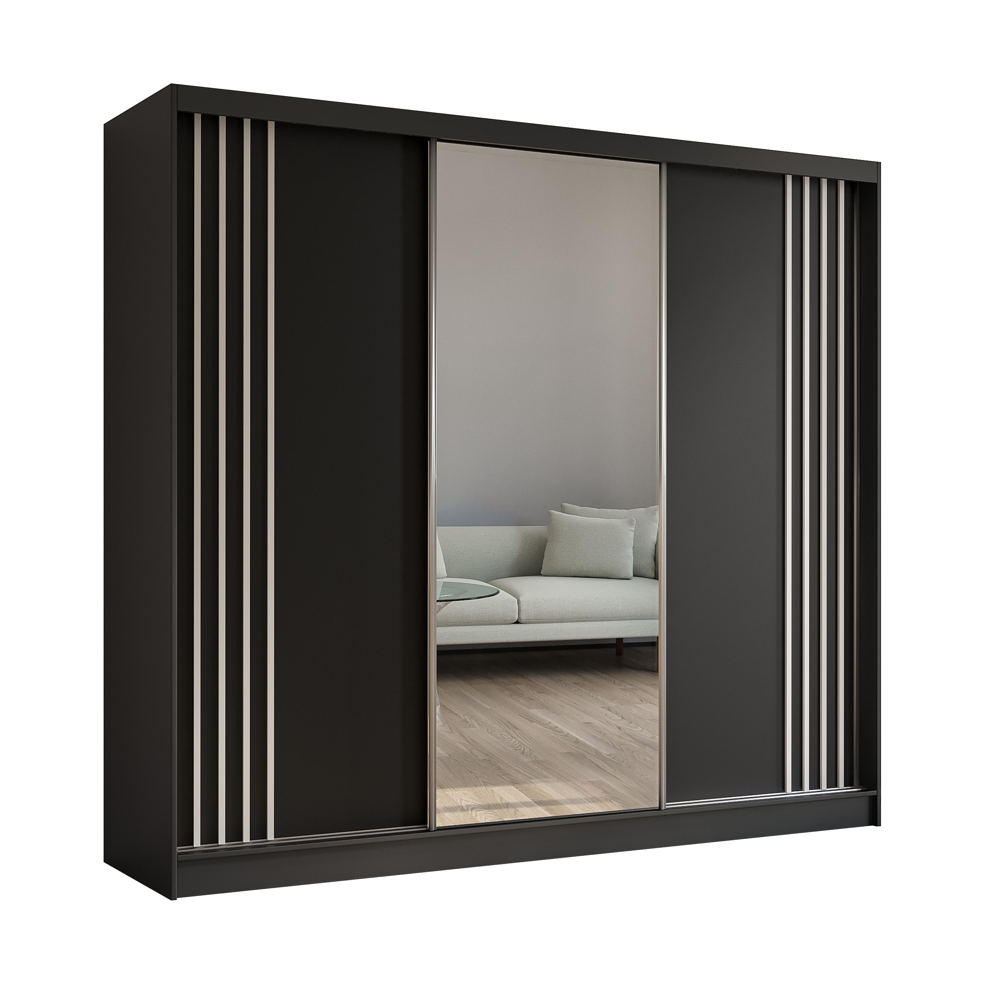 KLEIDERSCHRANK mit Spiegel-Schiebetüren und Aluminium-Leisten - NALLA - 240 cm Schwarz+Schwarz+Weiß - Schwarz/Weiß, Holzwerkstoff (240/216/61cm) - ALTDECOR