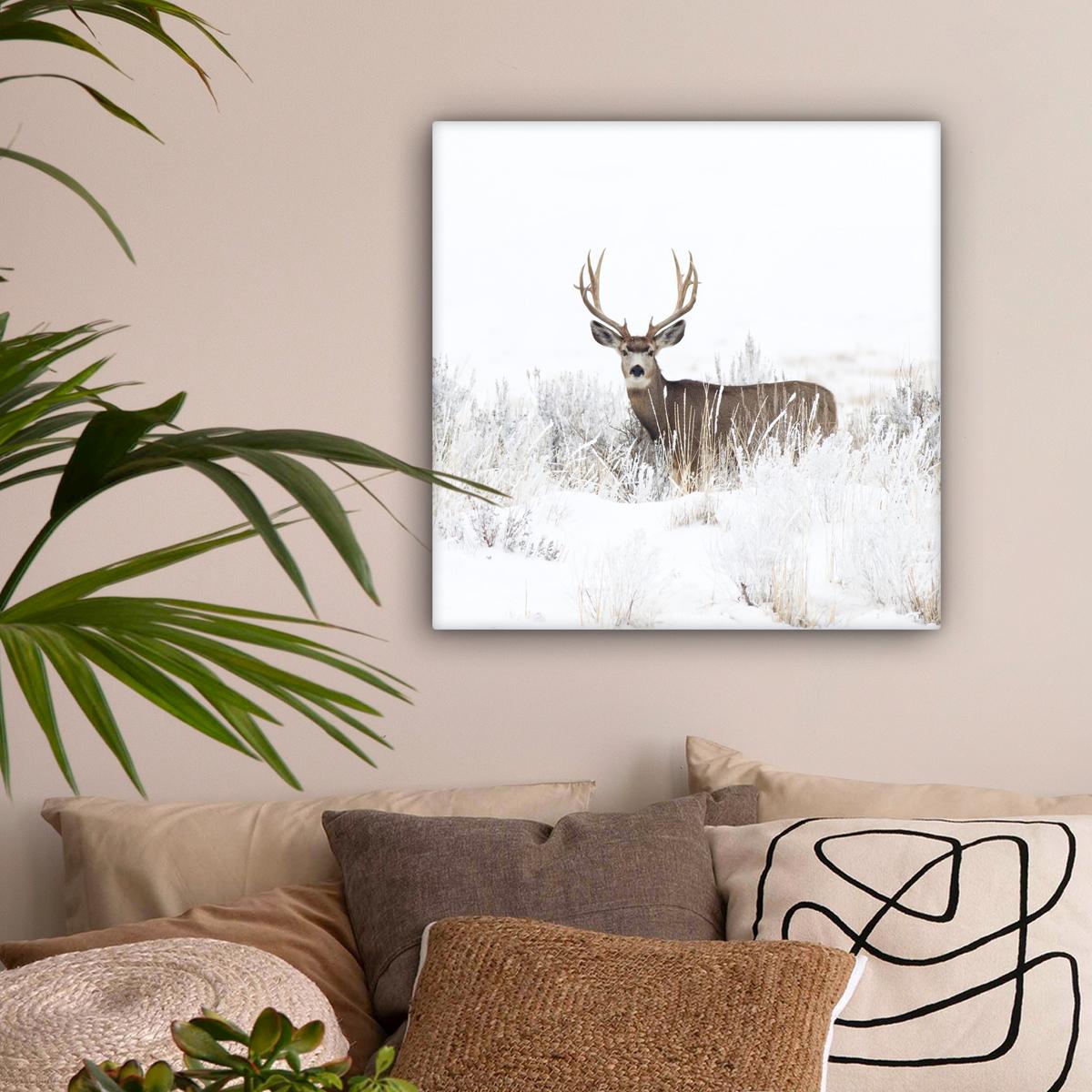 LEINWANDBILD Hirsche - Winter - Schnee - Tiere - Jahreszeiten - Weiß Wandbild Wohnzimmer 50x50 cm - Hellbraun, Textil (50/50cm) - MuchoWow