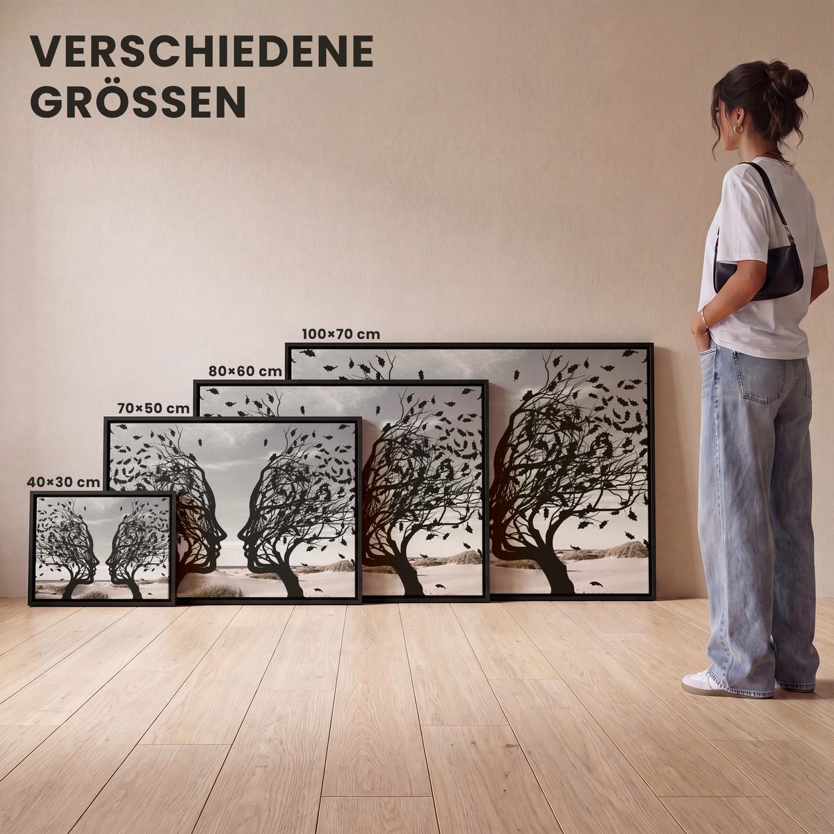 LEINWAND Bilder mit Rahmen - Strand - Meer - Menschen - Baum - Moderne Kunst - 70x50 - Hellgrau, Textil (70/50cm) - MuchoWow