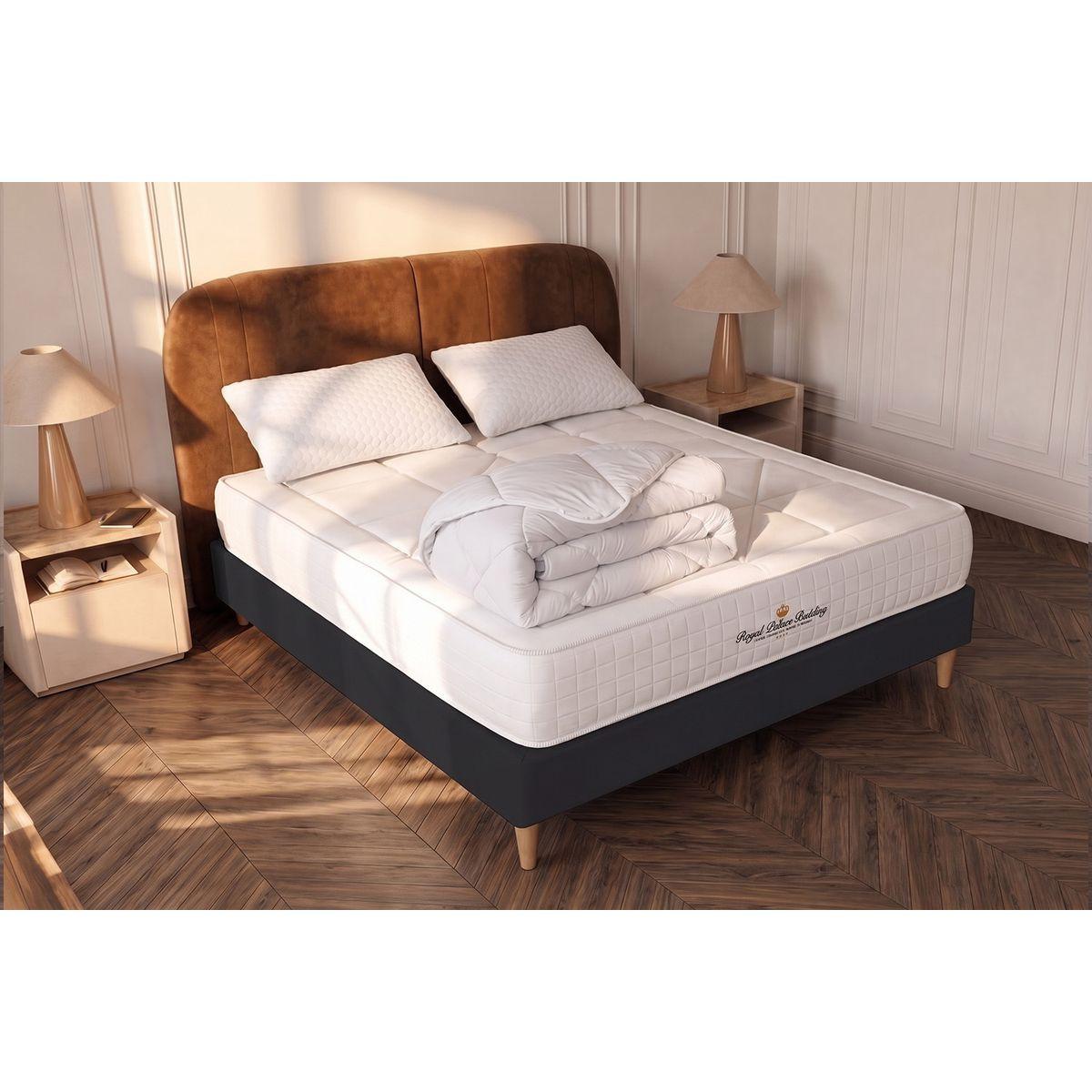 BETT Windsor Taschenfederkern und Memory-Schaum 140 x 200 cm h1 - Kit Bettgestell Schwarz - Mit Kissen und Bettdecke - Beige/Schwarz, Karton/Holz (140/200cm) - ROYAL PALACE BEDDING