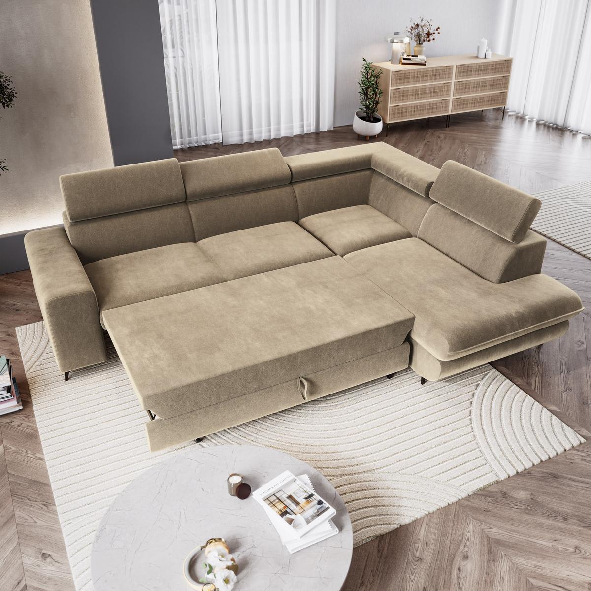 ECKSOFA VELISS Beige Veloursstoff mit Schlaffunktion - Beige, Holz (255/193cm) - MASSENO
