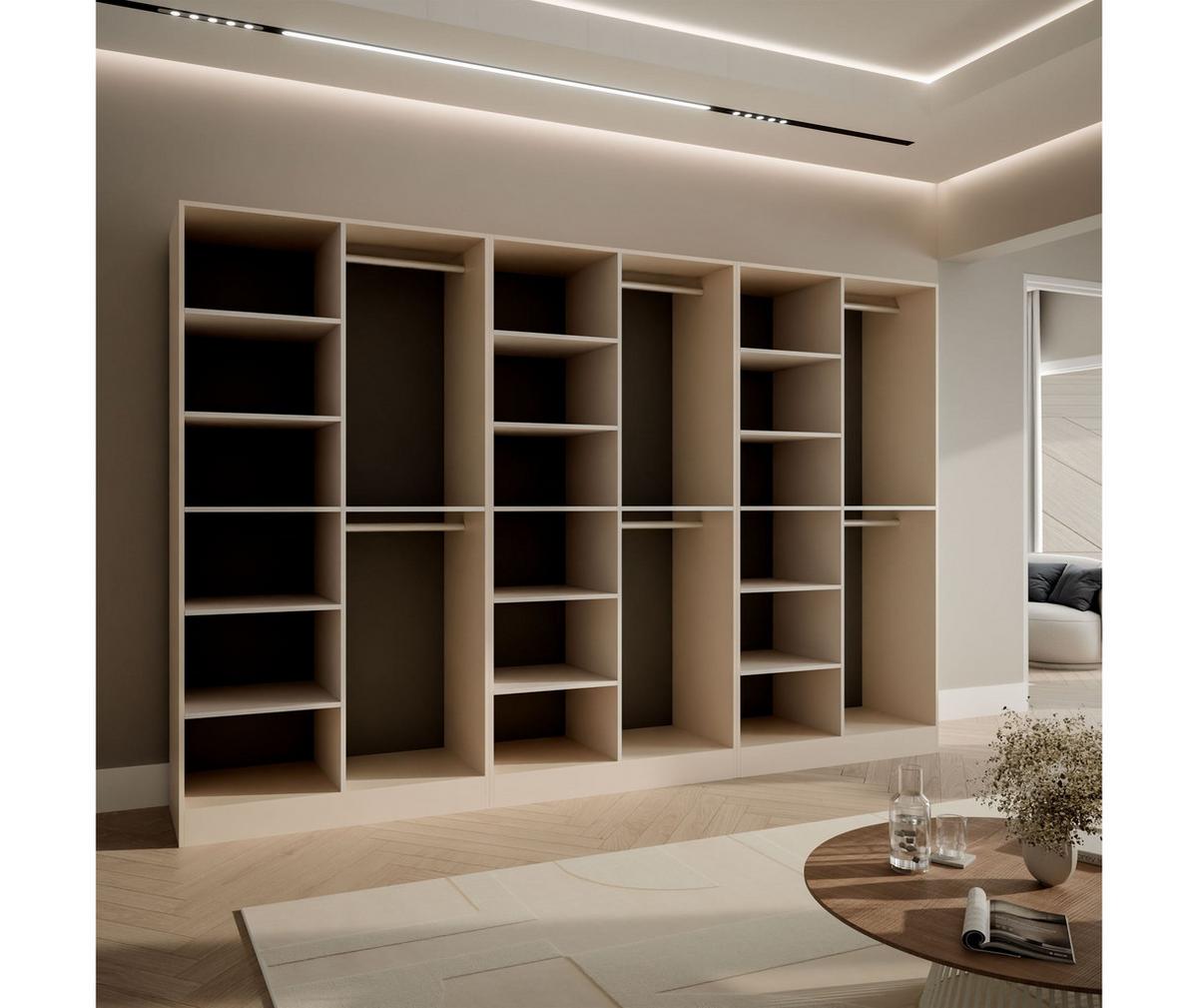KLEIDERSCHRANK SANDBOX KASHMIR 300 303/49/200 cm Kaschmir / Kaschmir + schwarzes Glas ohne LED 12 Zusatzböden - Kaschmir/Schwarz, Holzwerkstoff/Kunststoff (303/200/49cm) - Lookway