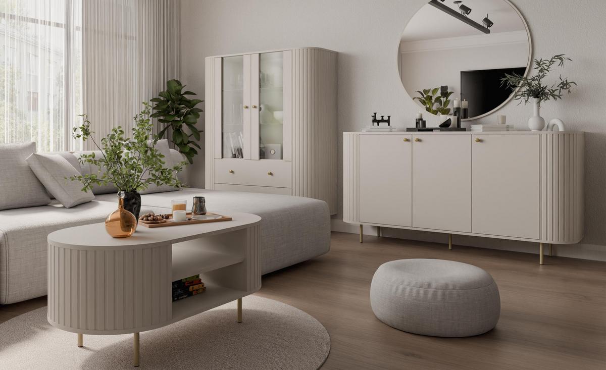 VITRINE Halay Beige, 2 Türen & 2 Schubladen Moderne Rillenstruktur, mit runden Kanten - Beige/Goldfarben, Holzwerkstoff/Metall (123/155/42.3cm) - AX Living