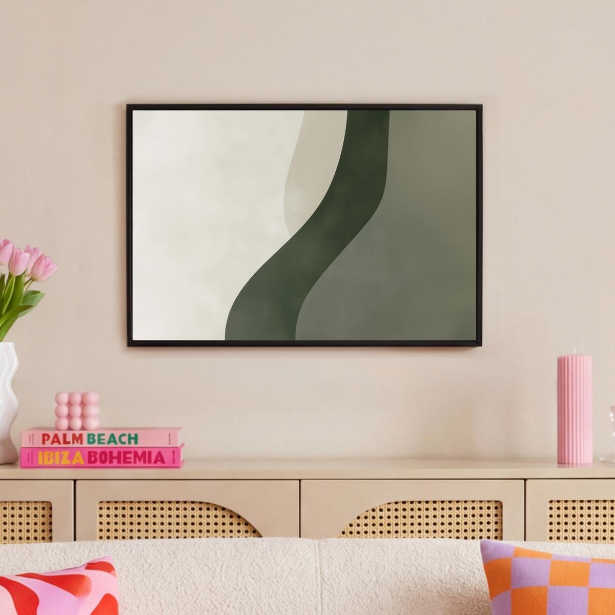 LEINWAND Bilder mit Rahmen - Japandi - Grün - Abstrakt - Modern - 60x40 - Salbeigrün, Textil (60/40cm) - MuchoWow