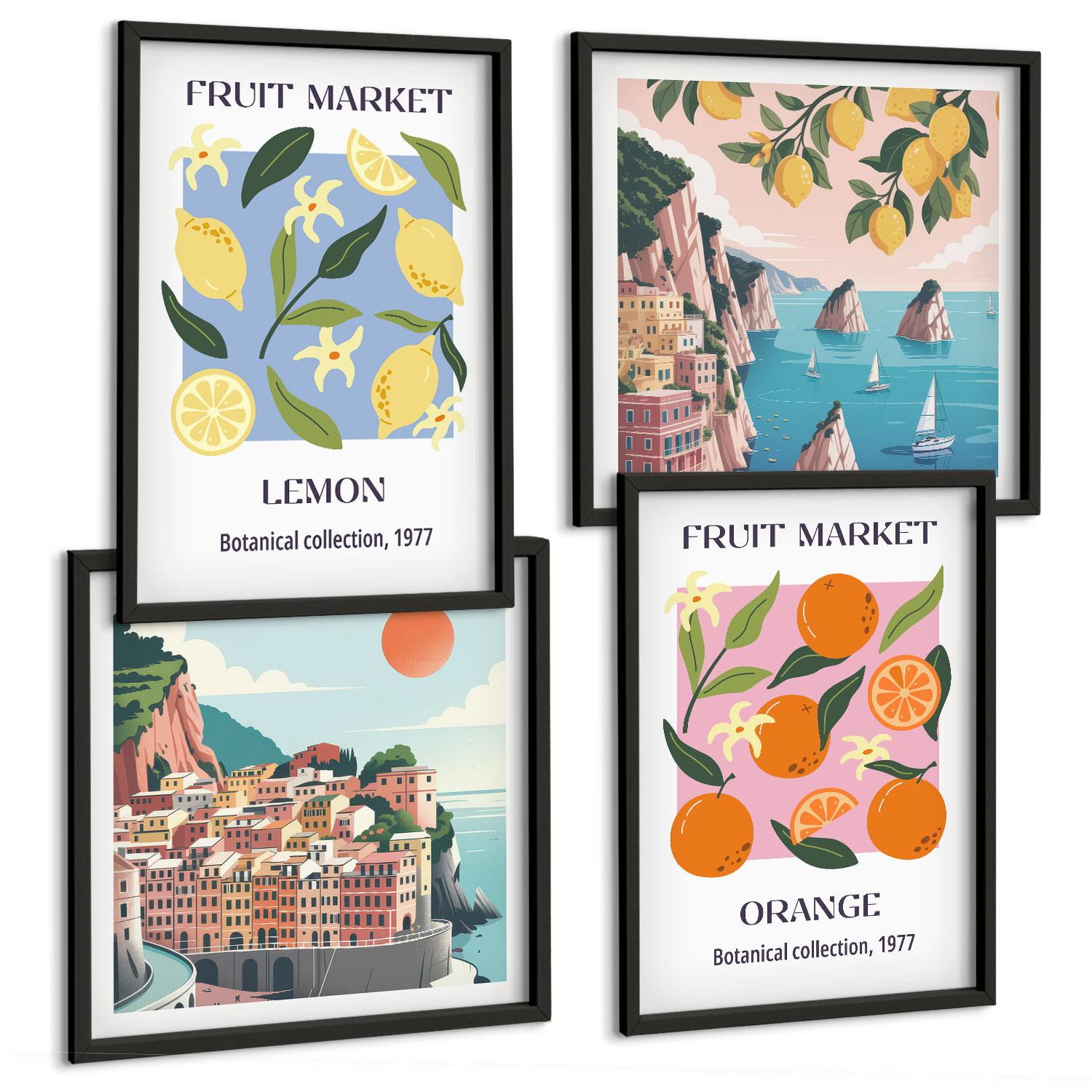 BILDER SET 4er Set - 50x50 cm & 40x60 cm Schwarzer Rahmen - Obstposter Zitronen Orangen - Schwarz, Kunststoff (50/50cm) - TULUP