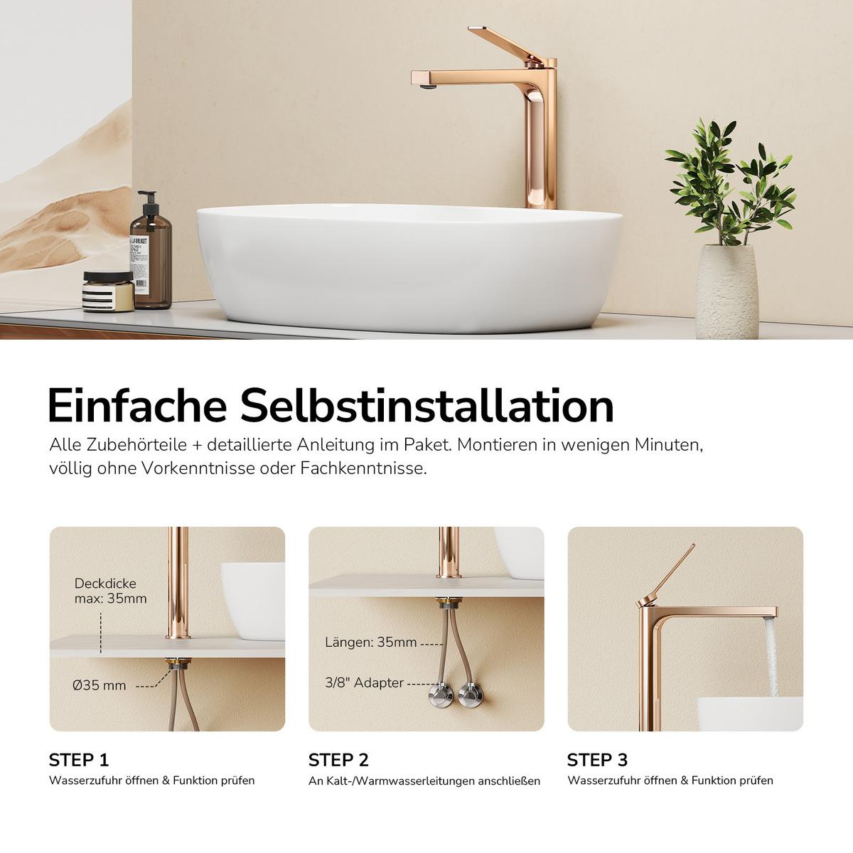 WASCHTISCHARMATUR mit Zertifiziertem Filterelement Rosengold Hoher Stil - Roségold, Metall (23.3/4.6/33.5cm) - EMKE