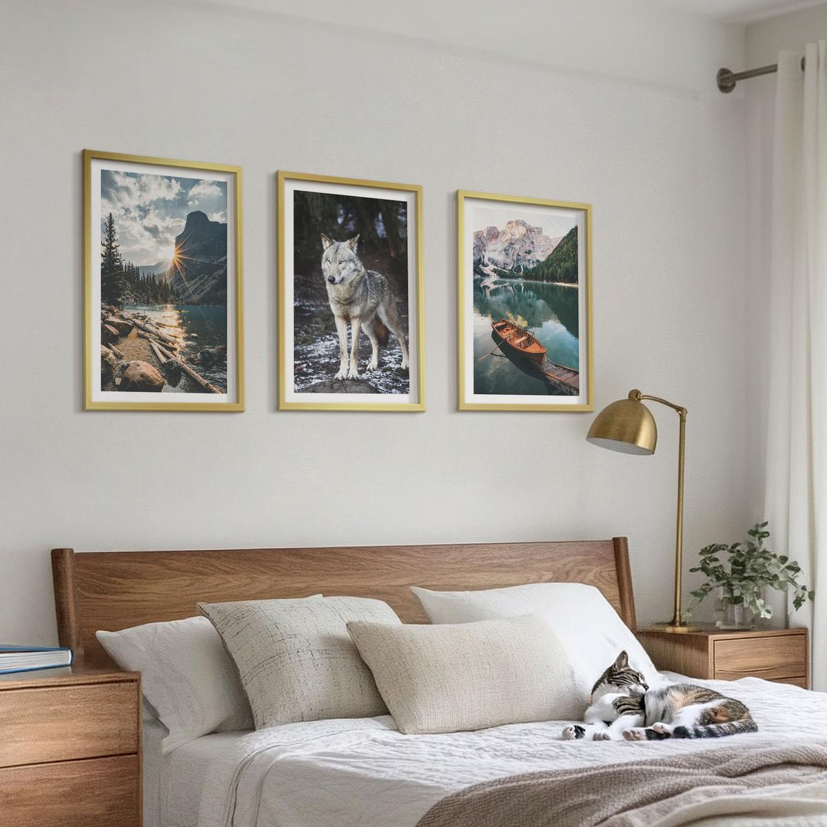 BILDER SET 3er Set - 40x60 cm Goldrahmen - Berge, Seen, Wölfe, Natur - Goldfarben, Kunststoff (40/60cm) - TULUP