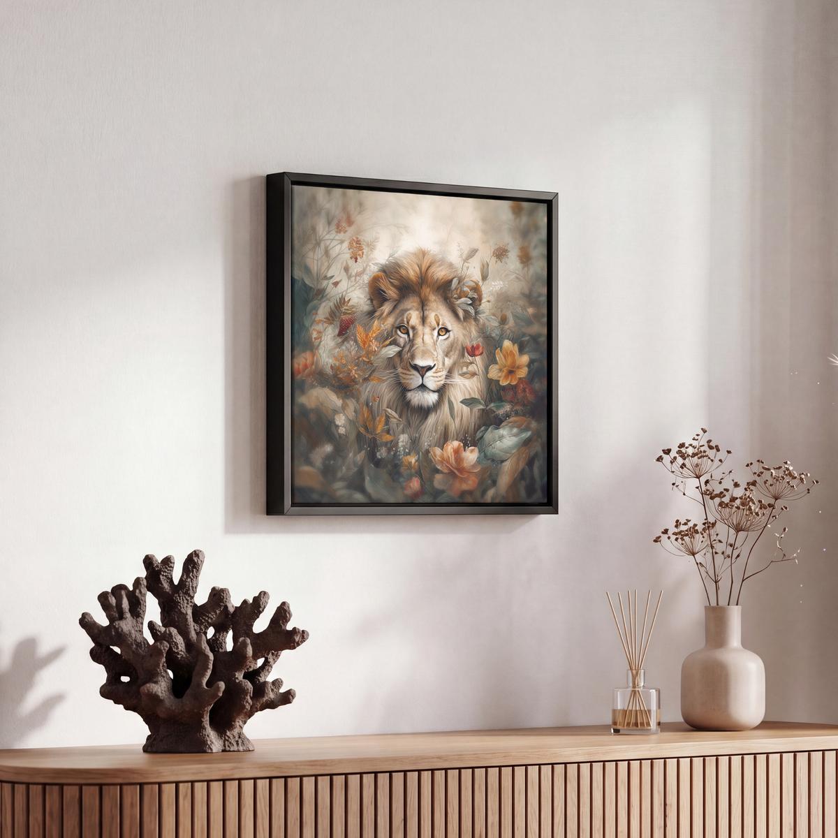 LEINWAND Bilder mit Rahmen - Löwe - Wildtiere - Pflanzen - Natur - Blumen - 20x20 - Beige, Textil (20/20cm) - MuchoWow