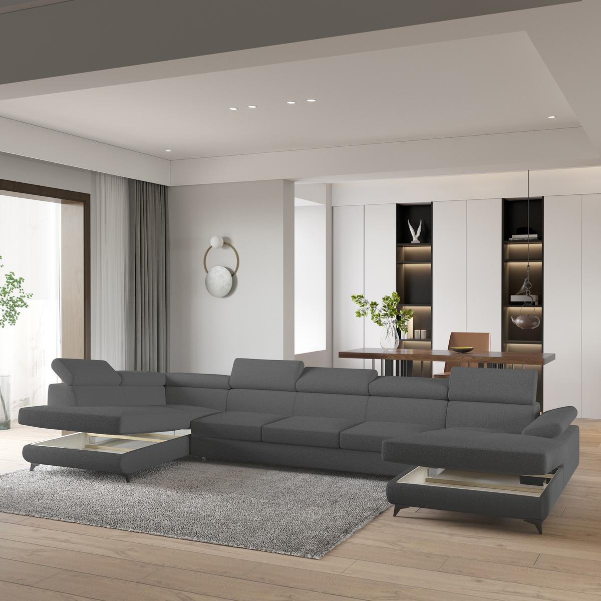 WOHNLANDSCHAFT MONTIVA Grau Boucle-Stoff mit Schlaffunktion - Grau, Holz (410/89/190cm) - MASSENO