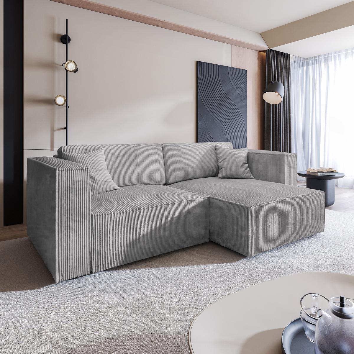 ECKSOFA NERIO P Hellgrau Kordstoff mit Schlaffunktion - Hellgrau/Grau, Holz/Kunststoff (245/148cm) - MASSENO