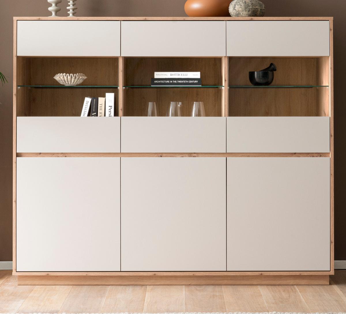 HIGHBOARD Kaschmir, Artisan Eiche 164 x 138 cm, Vitrine 6-türig mit Soft-Close - Kaschmir/Eiche Artisan, Glas/Holzwerkstoff (164/138/40cm) - Furn.Design