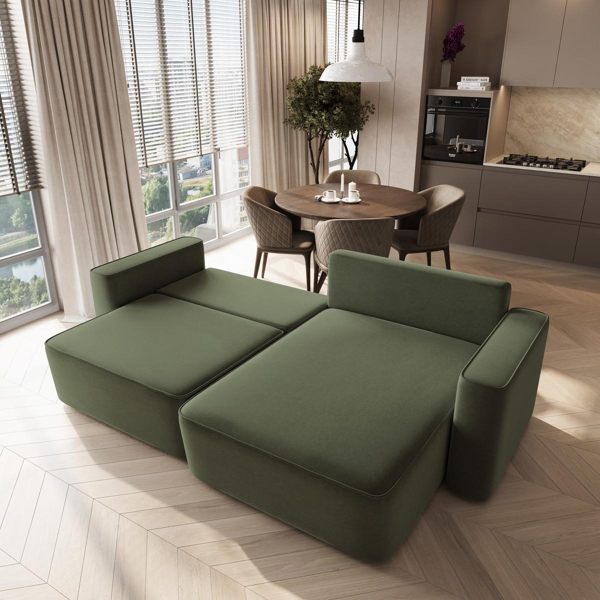 ECKSOFA BELISE CL Olivgrün Veloursstoff mit Schlaffunktion - Olivgrün, Holz/Textil (252/162cm) - MASSENO